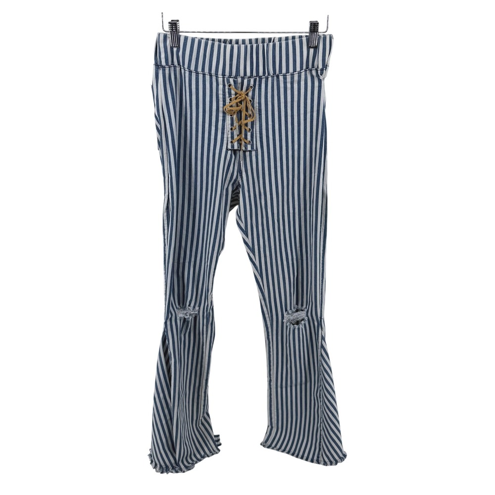 Lucky & Blessed Flare Pants Lace Up Striped 6 Blue Women Western Boho Distressed